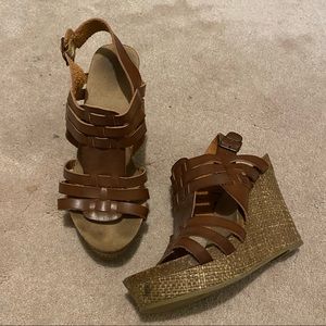 MIA brown woven top with tan woven straw like bottom on a wedge heel
